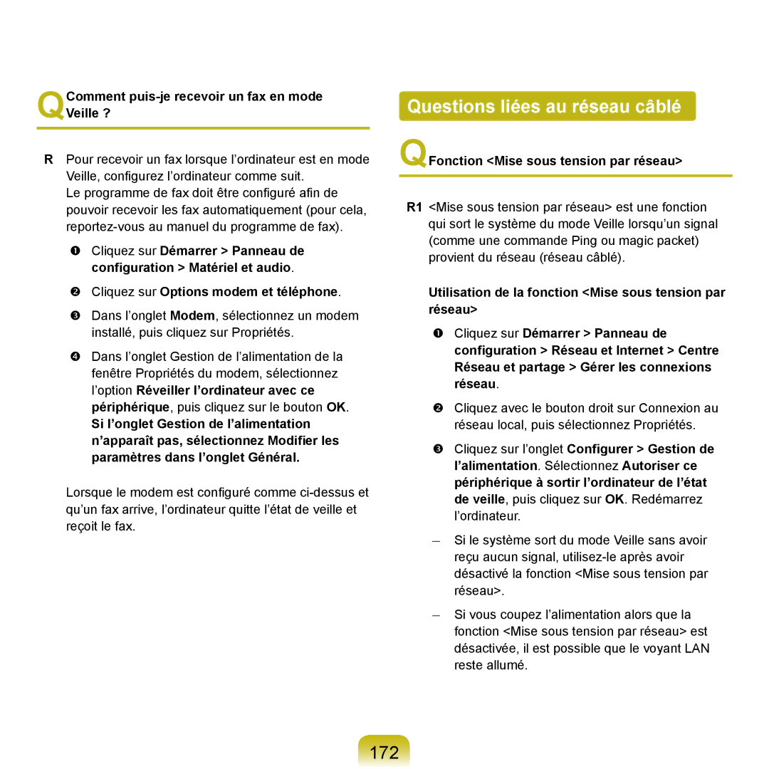 Samsung NP-Q45AV05/SEF manual Questions liées au réseau câblé, 172, QComment puis-je recevoir un fax en mode Veille ? 