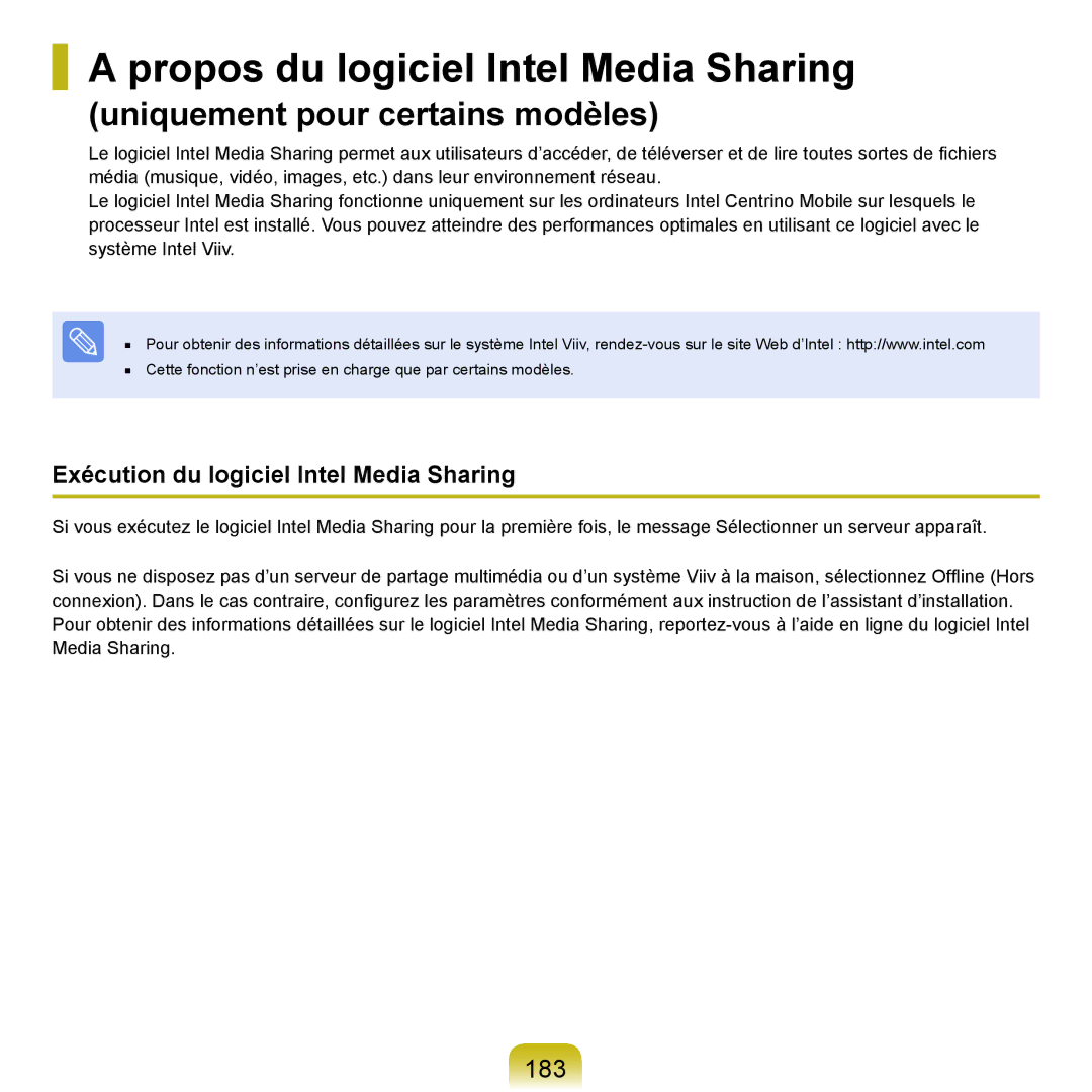 Samsung NP-Q45AV03/SEF manual Propos du logiciel Intel Media Sharing, 183, Exécution du logiciel Intel Media Sharing 