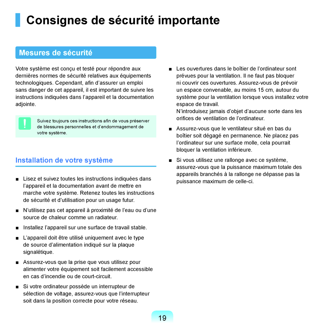 Samsung NP-Q45AV0B/SEF manual Consignes de sécurité importante, Mesures de sécurité, Installation de votre système 