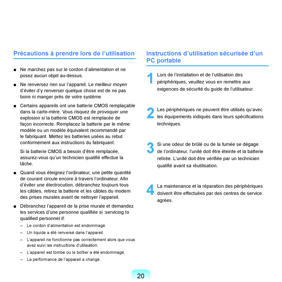 Samsung NP-Q45A000/SEF Précautions à prendre lors de l’utilisation, Instructions d’utilisation sécurisée d’un PC portable 