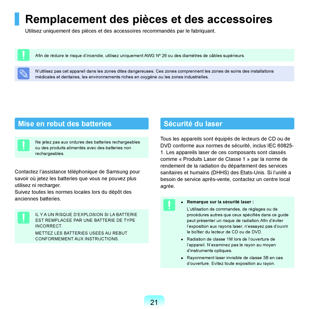 Samsung NP-Q45AV04/SEF manual Remplacement des pièces et des accessoires, Mise en rebut des batteries, Sécurité du laser 