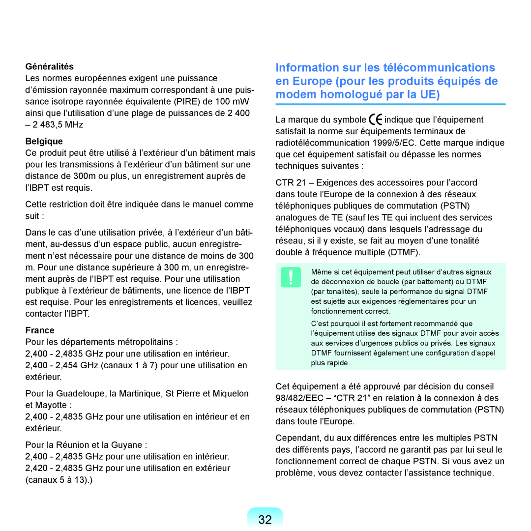 Samsung NP-Q45A004/SEF, NP-Q45T000/SEF, NP-Q45AV08/SEF, NP-Q45AV07/SEF, NP-Q45AV06/SEF manual Généralités, Belgique, France 