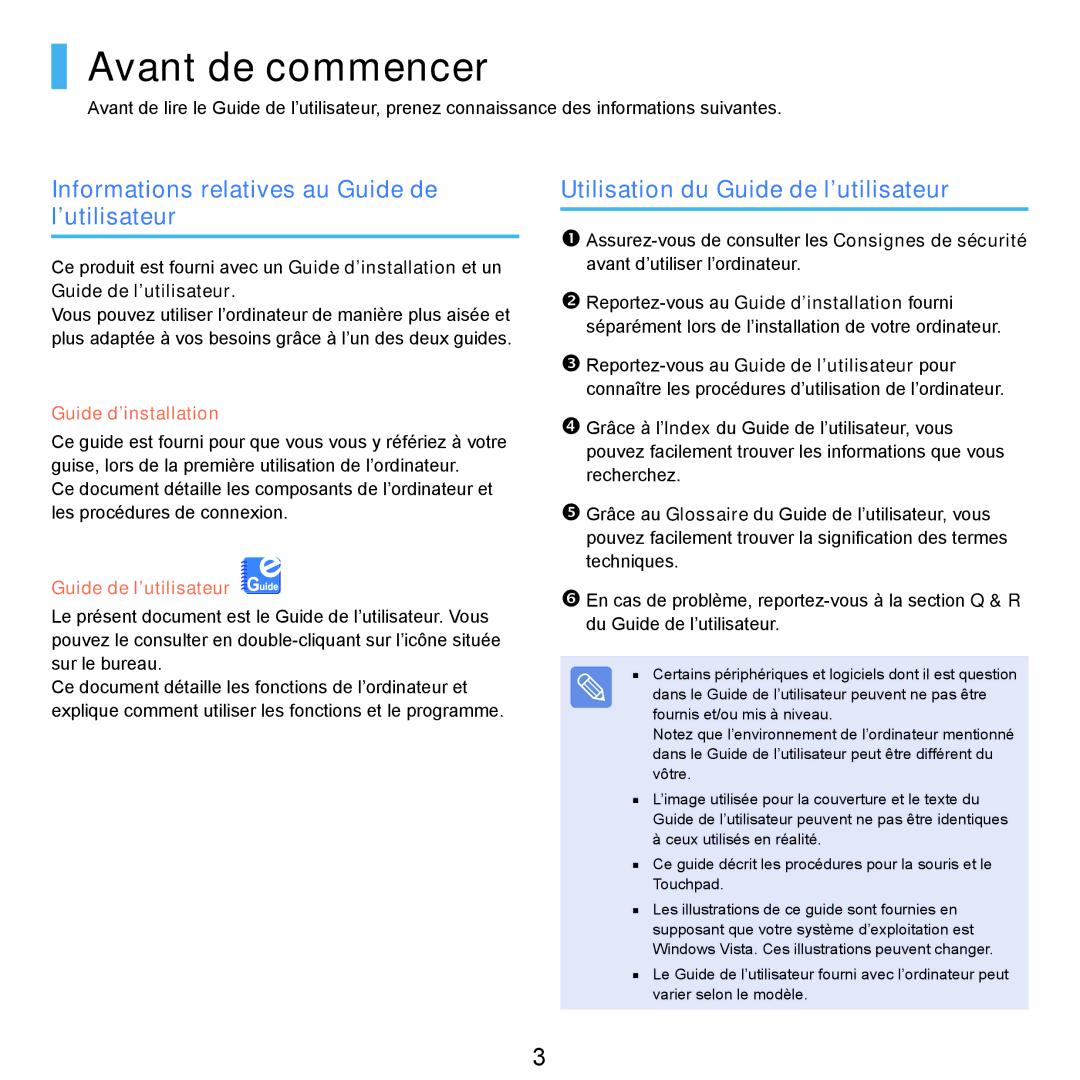 Samsung NP-Q45A009/SEF, NP-Q45T000/SEF, NP-Q45AV08/SEF Avant de commencer, Informations relatives au Guide de l’utilisateur 