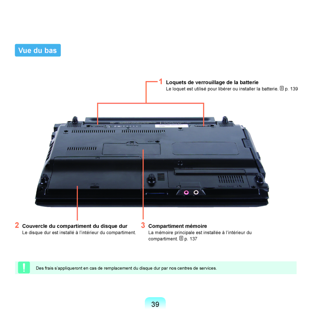 Samsung NP-Q45AV0C/SEF, NP-Q45T000/SEF, NP-Q45AV08/SEF, NP-Q45AV07/SEF Vue du bas, Loquets de verrouillage de la batterie 