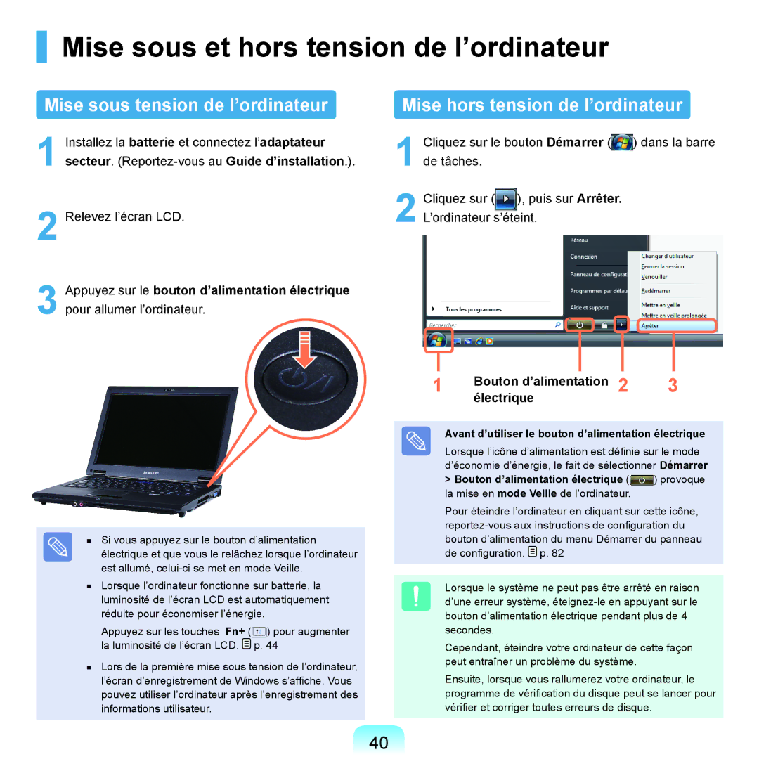 Samsung NP-Q45A001/SEF, NP-Q45T000/SEF manual Mise sous et hors tension de l’ordinateur, Mise sous tension de l’ordinateur 