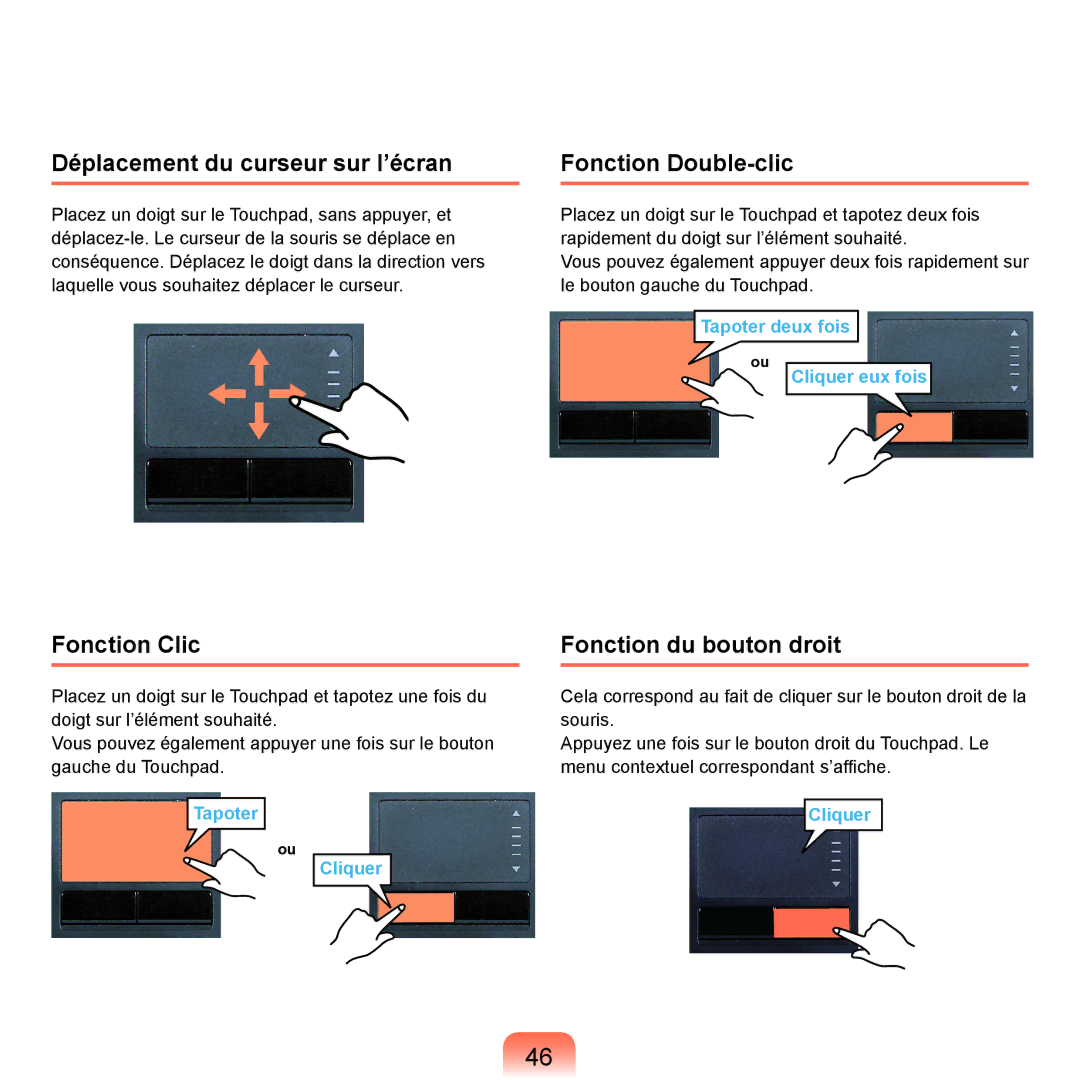 Samsung NP-Q45AV04/SEF Déplacement du curseur sur l’écran, Fonction Clic, Fonction Double-clic, Fonction du bouton droit 