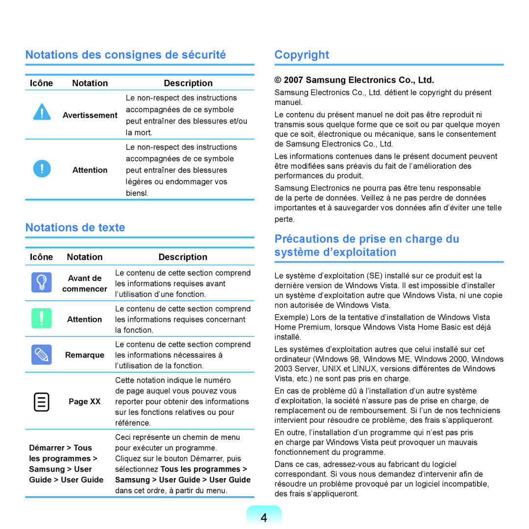 Samsung NP-Q45A007/SEF Notations des consignes de sécurité, Notations de texte, Copyright, Icône Notation Description 