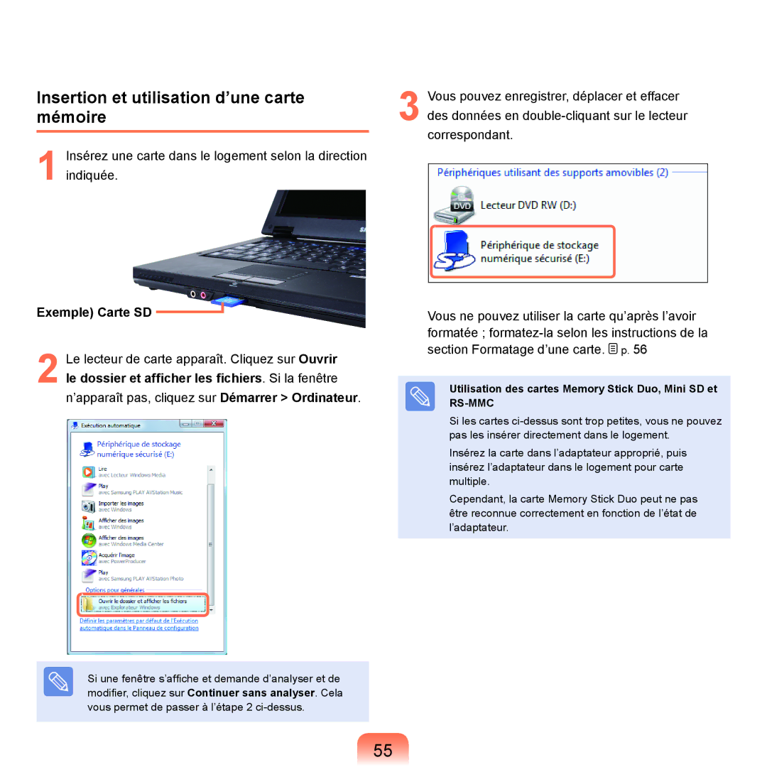 Samsung NP-Q45T001/SEF, NP-Q45T000/SEF, NP-Q45AV08/SEF manual Insertion et utilisation d’une carte mémoire, Exemple Carte SD 