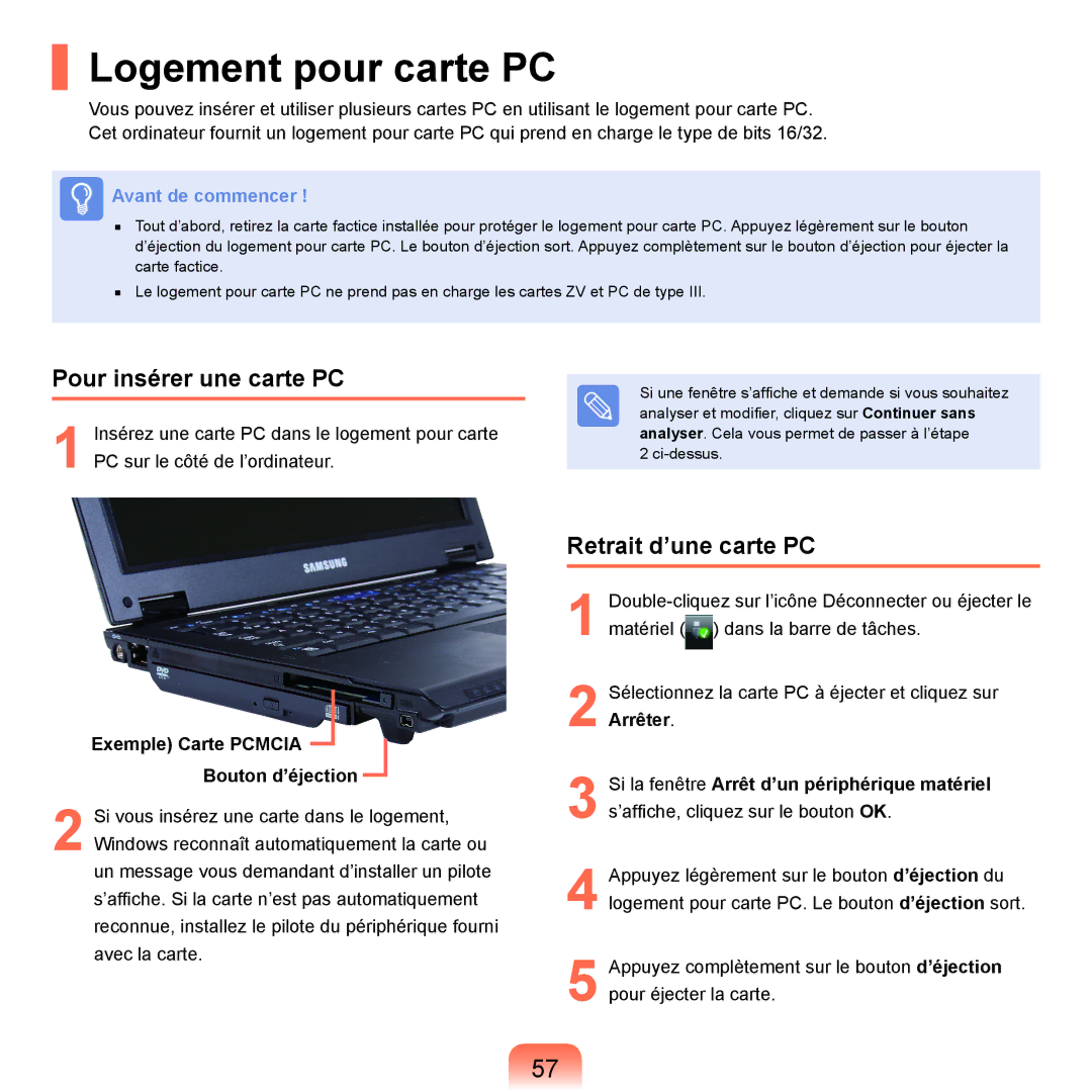 Samsung NP-Q45A004/SEF, NP-Q45T000/SEF manual Logement pour carte PC, Pour insérer une carte PC, Retrait d’une carte PC 