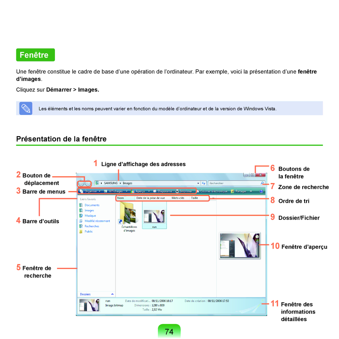 Samsung NP-Q45T000/SEF, NP-Q45AV08/SEF manual Fenêtre, Présentation de la fenêtre, ’images Cliquez sur Démarrer Images 