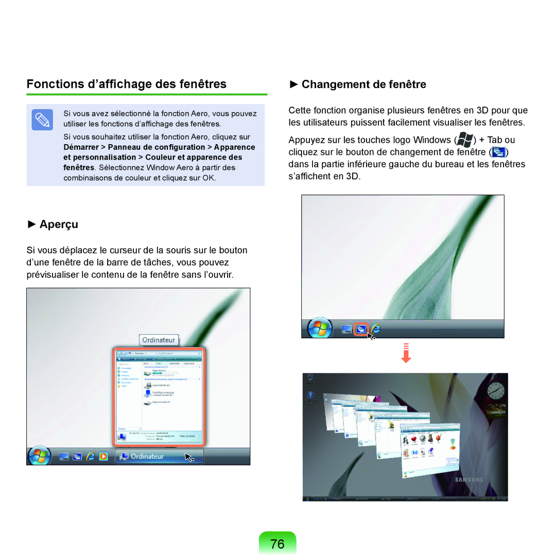 Samsung NP-Q45AV07/SEF, NP-Q45T000/SEF, NP-Q45AV08/SEF, NP-Q45AV06/SEF manual Fonctions d’affichage des fenêtres, Aperçu 