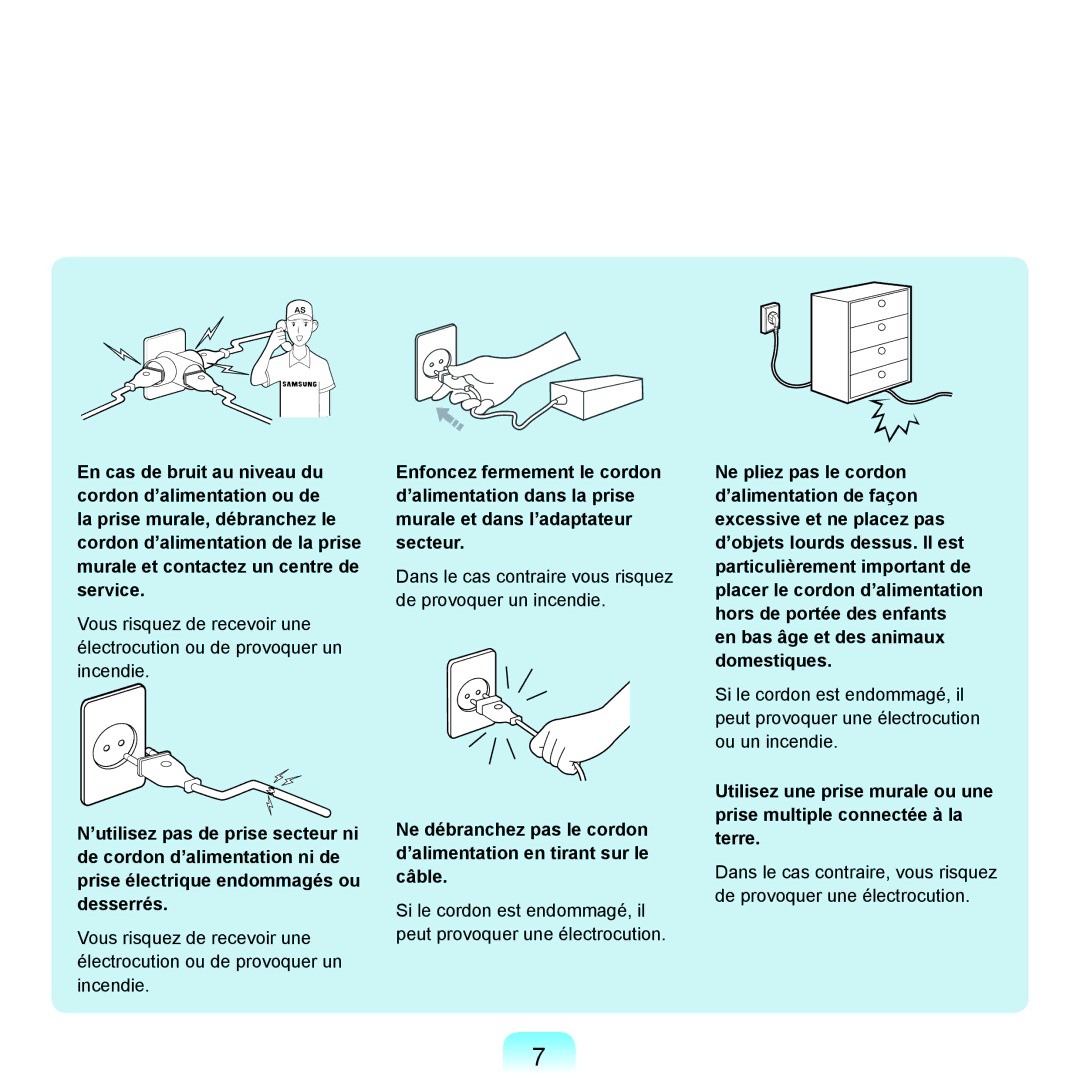 Samsung NP-Q45A004/SEF, NP-Q45T000/SEF, NP-Q45AV08/SEF manual Dans le cas contraire vous risquez de provoquer un incendie 