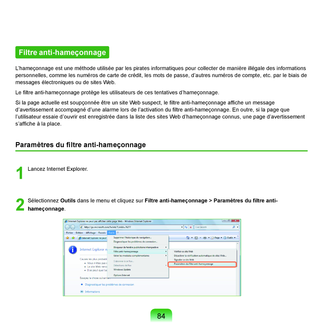 Samsung NP-Q45AV02/SEF, NP-Q45T000/SEF, NP-Q45AV08/SEF manual Filtre anti-hameçonnage, Paramètres du filtre anti-hameçonnage 