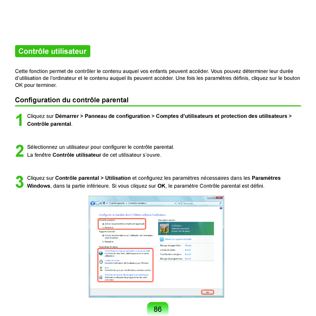 Samsung NP-Q45A008/SEF, NP-Q45T000/SEF, NP-Q45AV08/SEF manual Contrôle utilisateur, Configuration du contrôle parental 