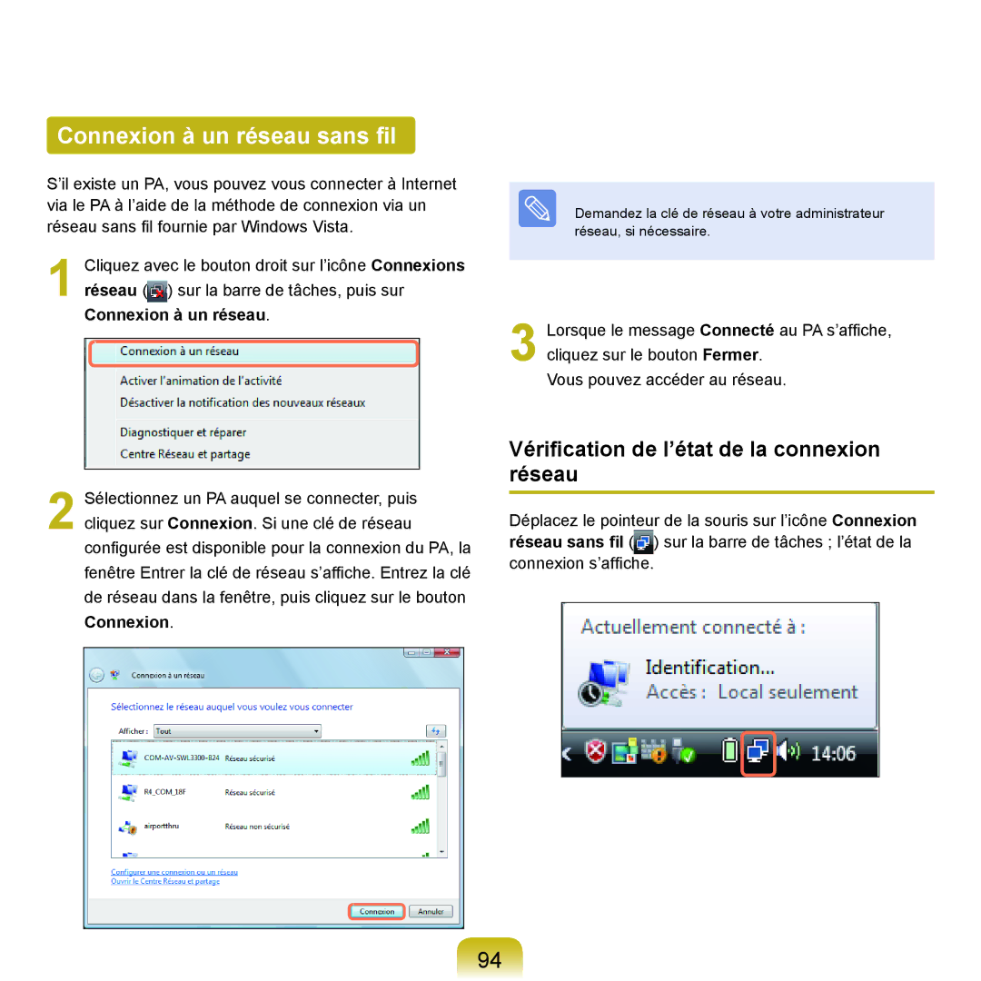 Samsung NP-Q45AV0B/SEF, NP-Q45T000/SEF manual Connexion à un réseau sans fil, Vérification de l’état de la connexion réseau 