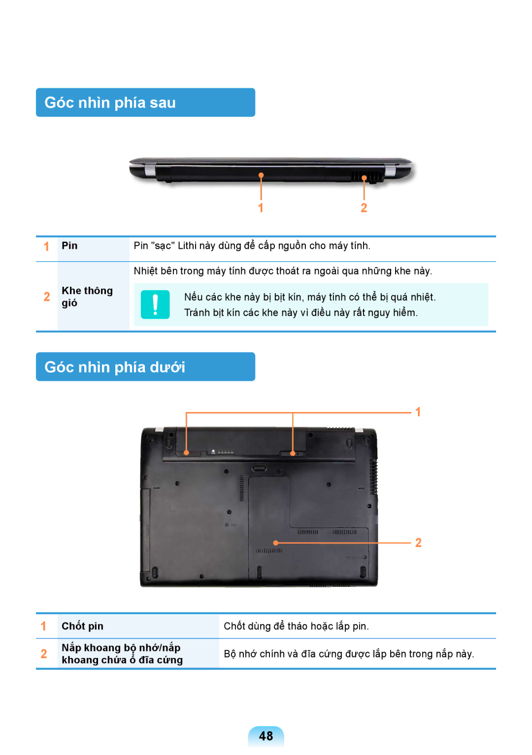 Samsung NP-Q528-DU03VN manual Góc nhìn phía sau, Góc nhìn phía dưới, Pin Pin sạc Lithi này dùng để cấp nguồn cho máy tính 