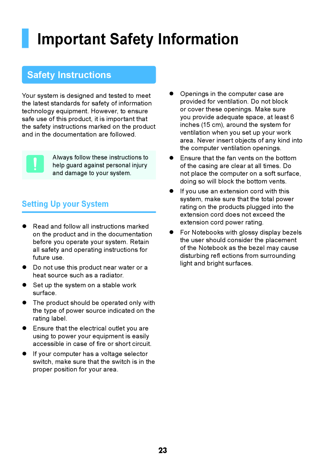 Samsung NP-Q528-DU01VN, NP-Q528-DU04VN, NP-Q528-DU02VN, NP-Q428-DU01VN Important Safety Information, Setting Up your System 