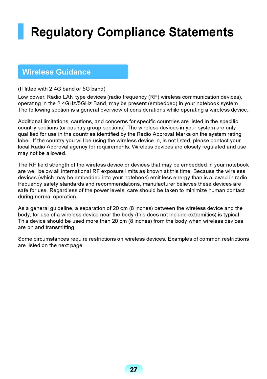 Samsung NP-Q528-DU03VN, NP-Q528-DU04VN, NP-Q528-DU02VN, NP-Q528-DU01VN Regulatory Compliance Statements, Wireless Guidance 