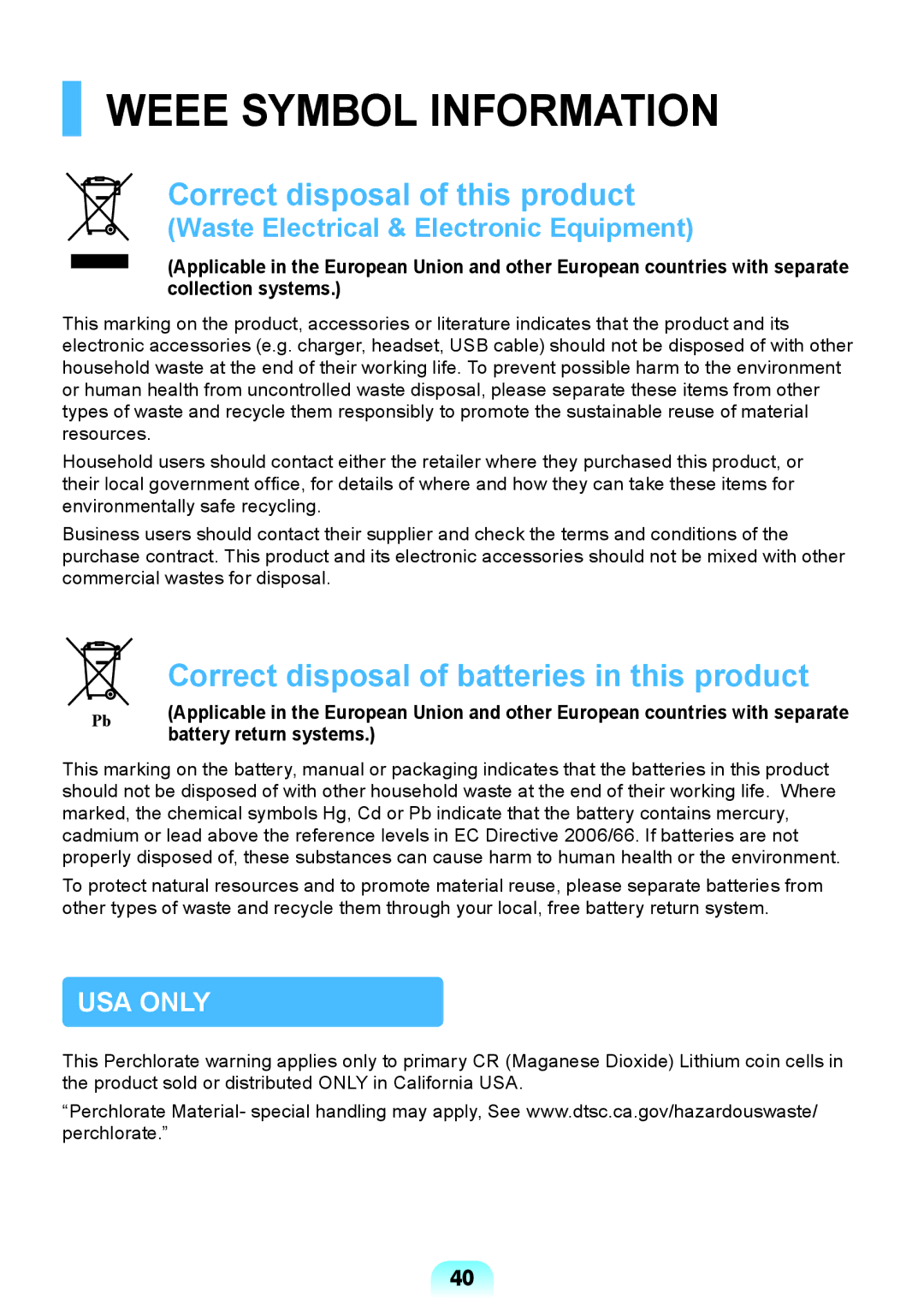 Samsung NP-Q428-DU03VN, NP-Q528-DU04VN, NP-Q528-DU02VN, NP-Q528-DU01VN manual Weee Symbol Information, Battery return systems 