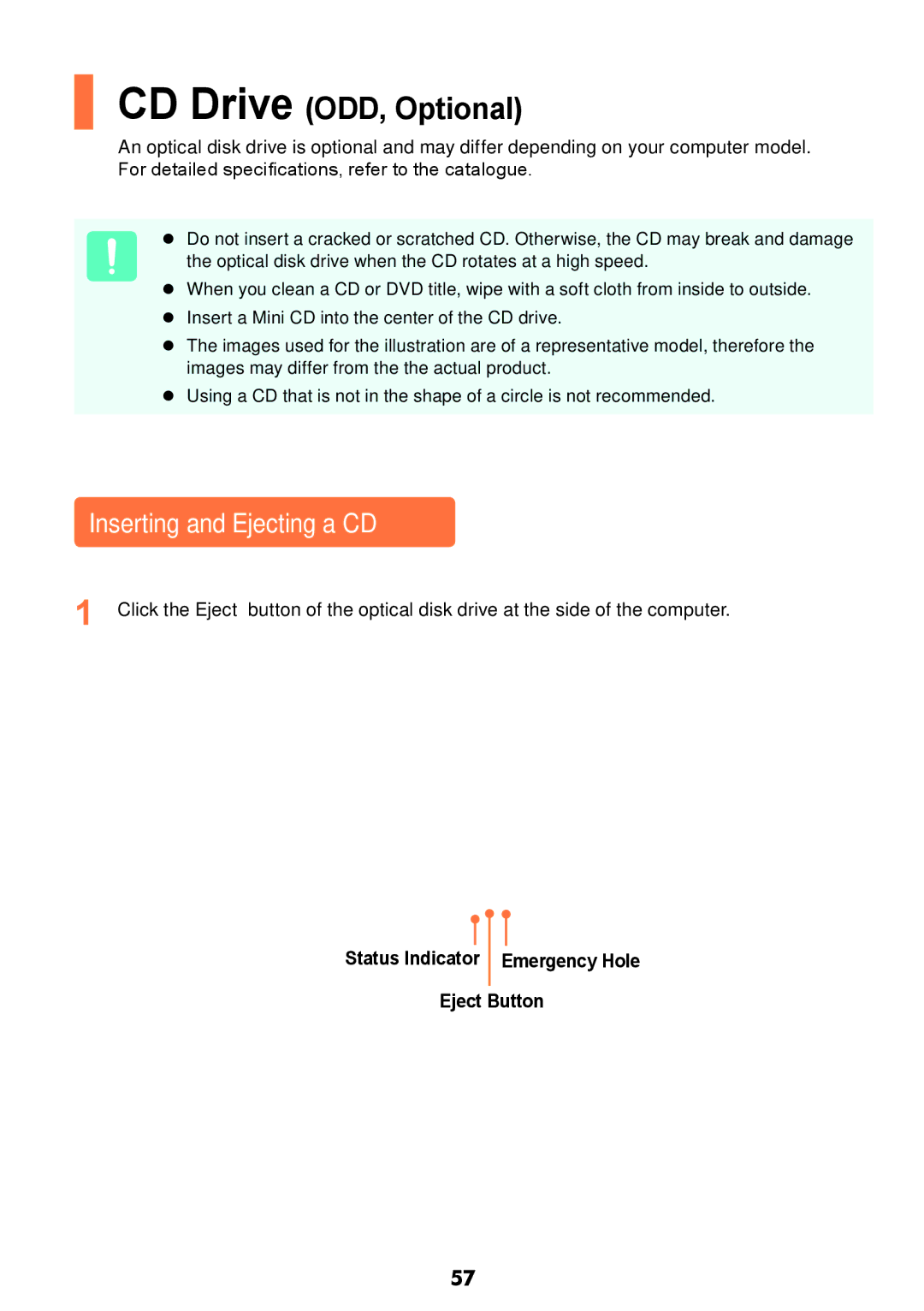 Samsung NP-Q528-DU02VN, NP-Q528-DU04VN manual Inserting and Ejecting a CD, Status Indicator Emergency Hole Eject Button 