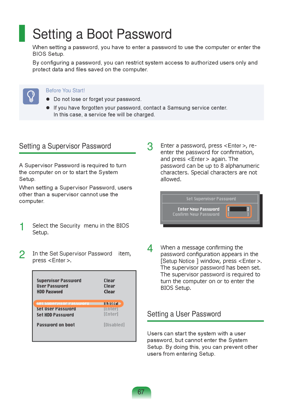 Samsung NP-Q428-DU02VN, NP-Q528-DU04VN Setting a Boot Password, Setting a Supervisor Password, Setting a User Password 