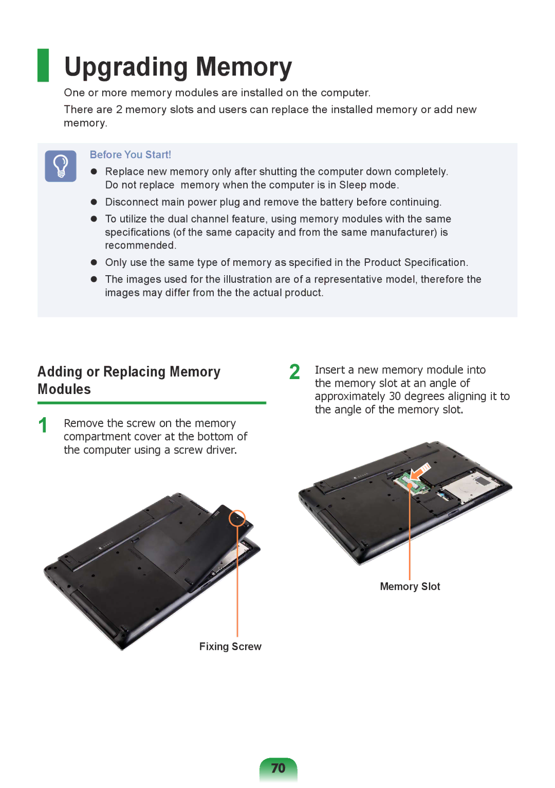 Samsung NP-Q528-DU04VN, NP-Q528-DU02VN Upgrading Memory, Adding or Replacing Memory Modules, Fixing Screw, Memory Slot 