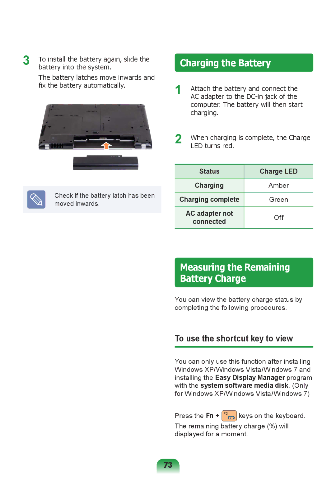 Samsung NP-Q428-DU01VN, NP-Q528-DU04VN, NP-Q528-DU02VN, NP-Q528-DU01VN Charging the Battery, To use the shortcut key to view 