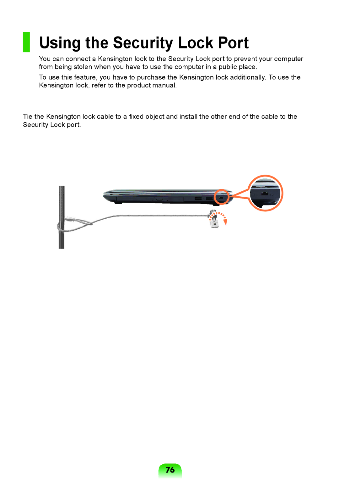 Samsung NP-Q528-DU03VN, NP-Q528-DU04VN, NP-Q528-DU02VN, NP-Q528-DU01VN, NP-Q428-DU01VN manual Using the Security Lock Port 