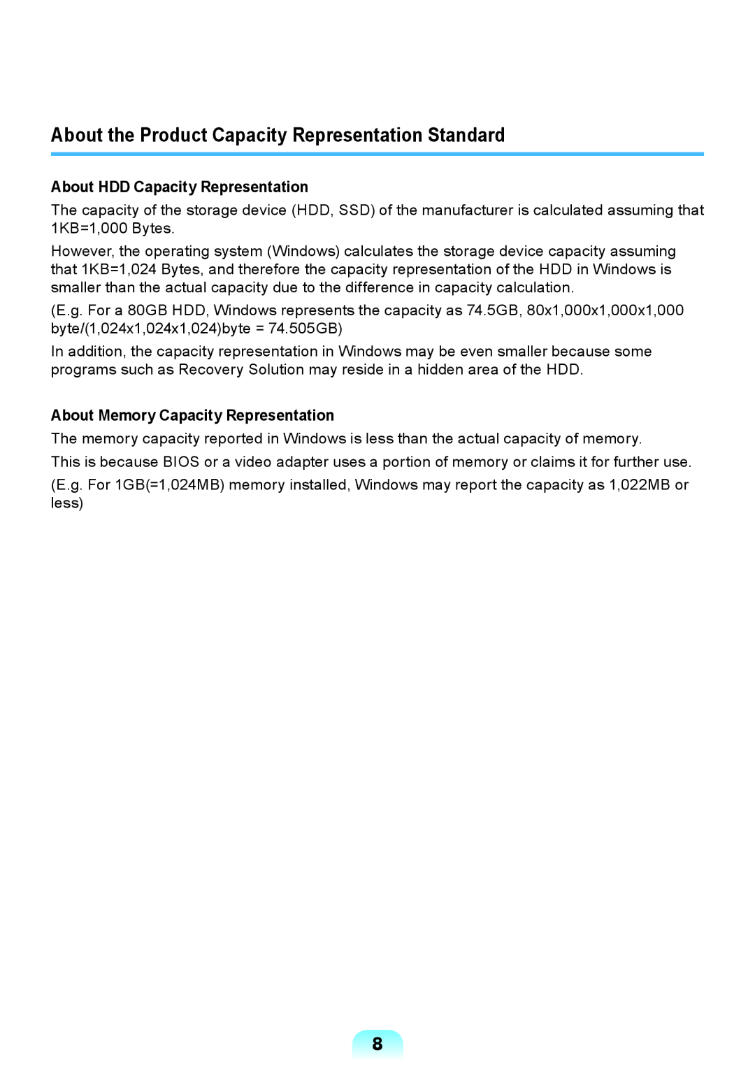 Samsung NP-Q528-DU02VN manual About the Product Capacity Representation Standard, About HDD Capacity Representation 