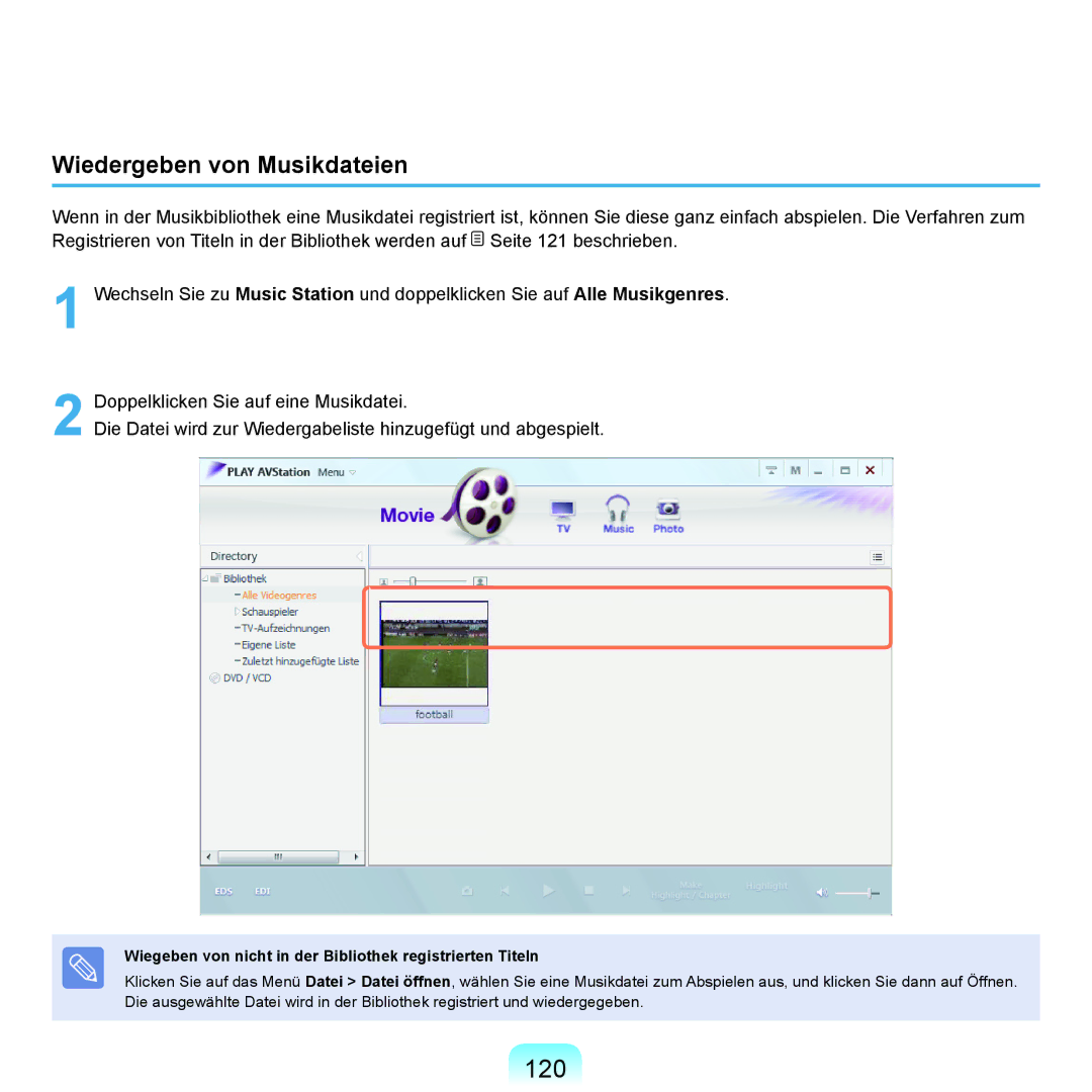 Samsung NP-Q70AV05/SEG manual 120, Wiedergeben von Musikdateien, Wiegeben von nicht in der Bibliothek registrierten Titeln 