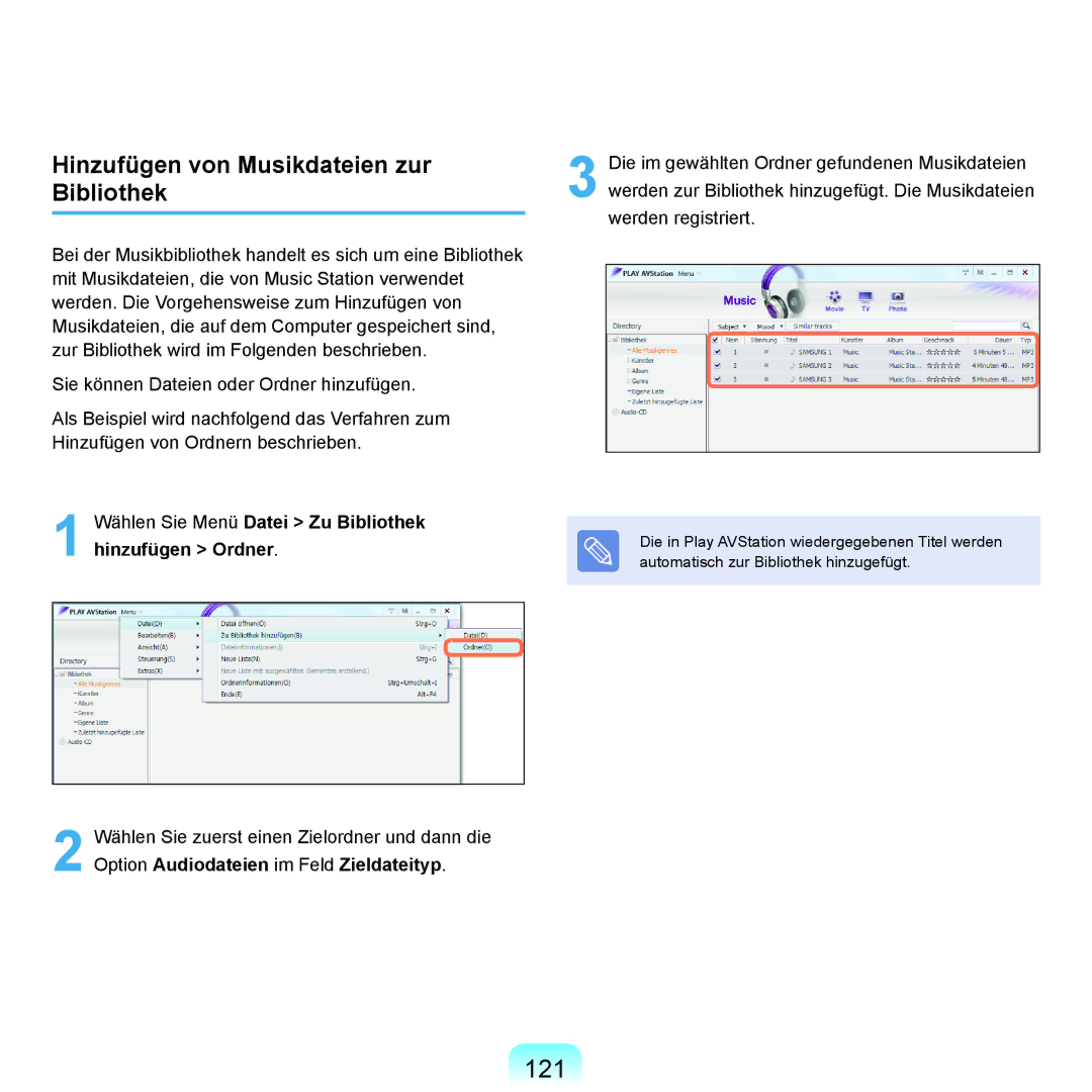 Samsung NP-Q70AV01/SEG, NP-Q70A000/SEG, NP-Q70AV05/SEG, NP-Q70AV04/SEG manual 121, Hinzufügen von Musikdateien zur Bibliothek 