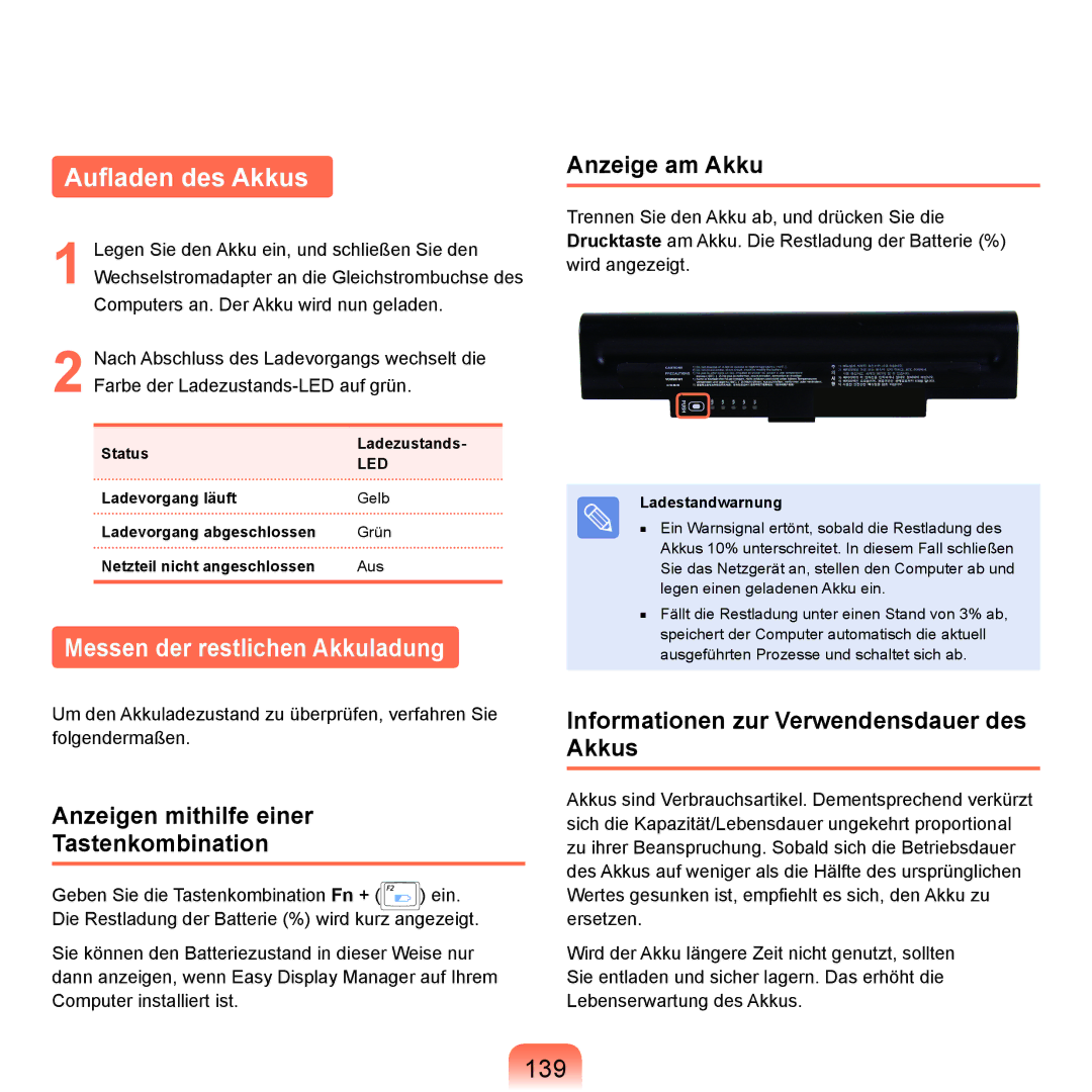 Samsung NP-Q70AV02/SEG, NP-Q70A000/SEG, NP-Q70AV05/SEG manual Aufladen des Akkus, Messen der restlichen Akkuladung, 139 