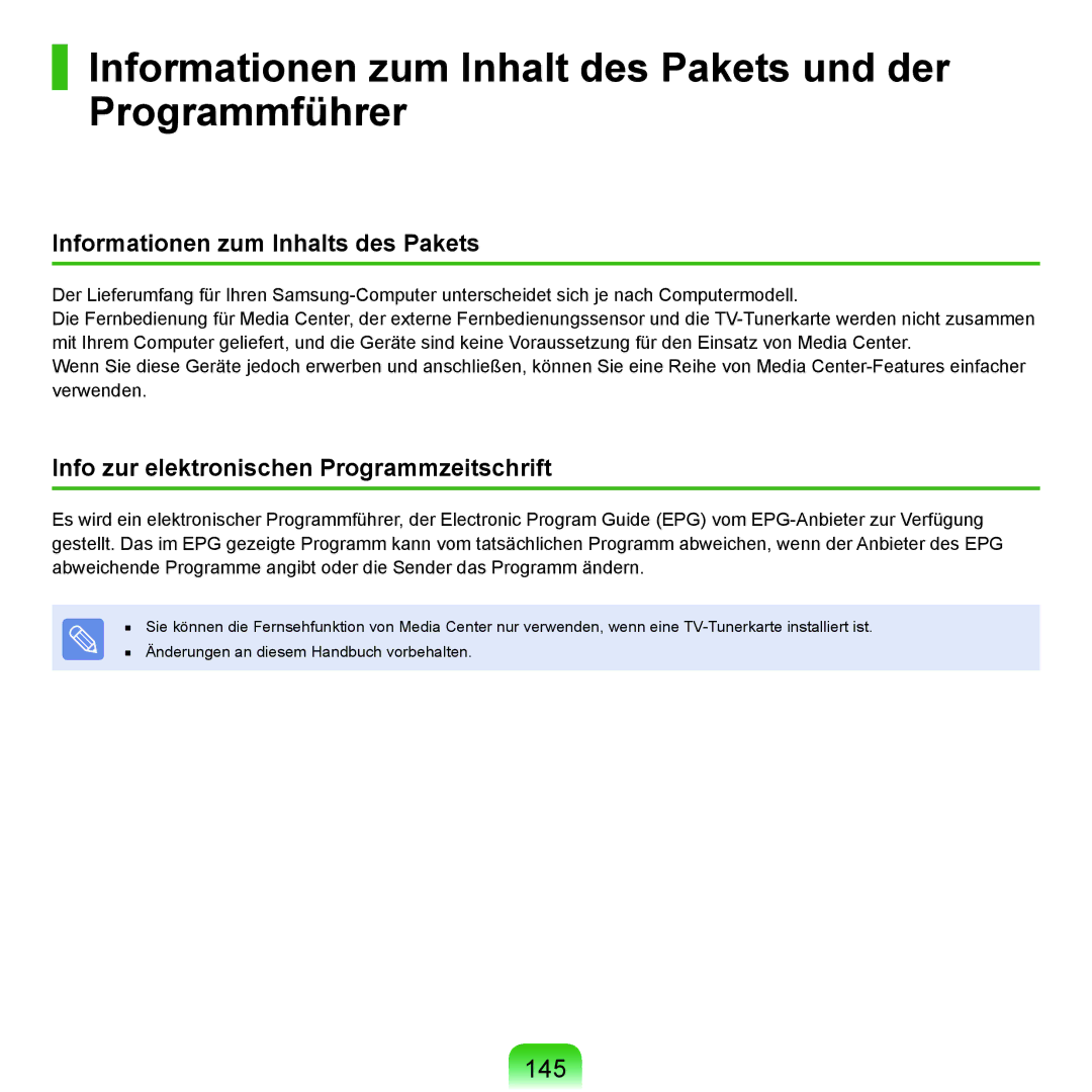 Samsung NP-Q70AV01/SEG, NP-Q70A000/SEG, NP-Q70AV05/SEG manual Informationen zum Inhalt des Pakets und der Programmführer, 145 