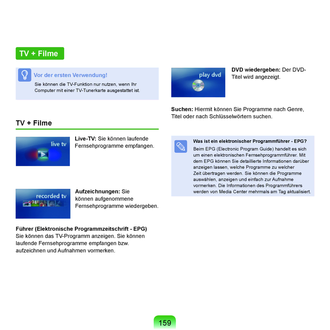 Samsung NP-Q70A000/SEG, NP-Q70AV05/SEG, NP-Q70AV01/SEG manual TV + Filme, 159, Was ist ein elektronischer Programmführer EPG? 