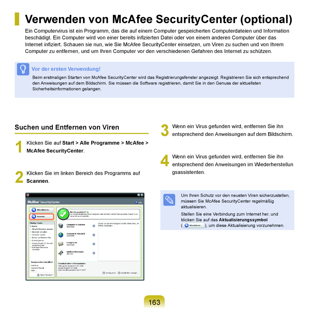 Samsung NP-Q70AV02/SEG, NP-Q70A000/SEG Verwenden von McAfee SecurityCenter optional, 163, Suchen und Entfernen von Viren 