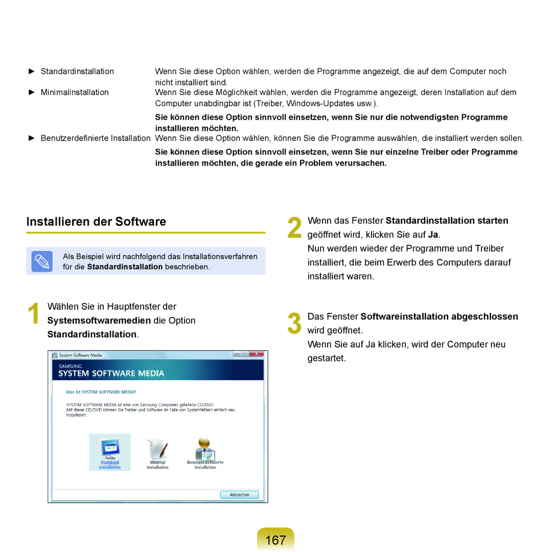 Samsung NP-Q70A000/SEG, NP-Q70AV05/SEG, NP-Q70AV01/SEG, NP-Q70AV04/SEG, NP-Q70AV02/SEG manual 167, Installieren der Software 