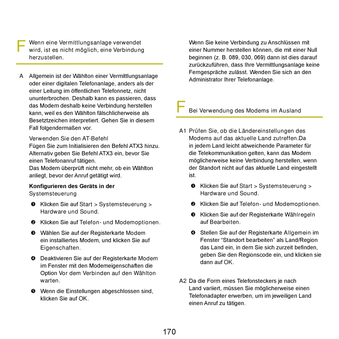 Samsung NP-Q70AV04/SEG, NP-Q70A000/SEG 170, Verwenden Sie den AT-Befehl, Option Vor dem Verbinden auf den Wählton warten 