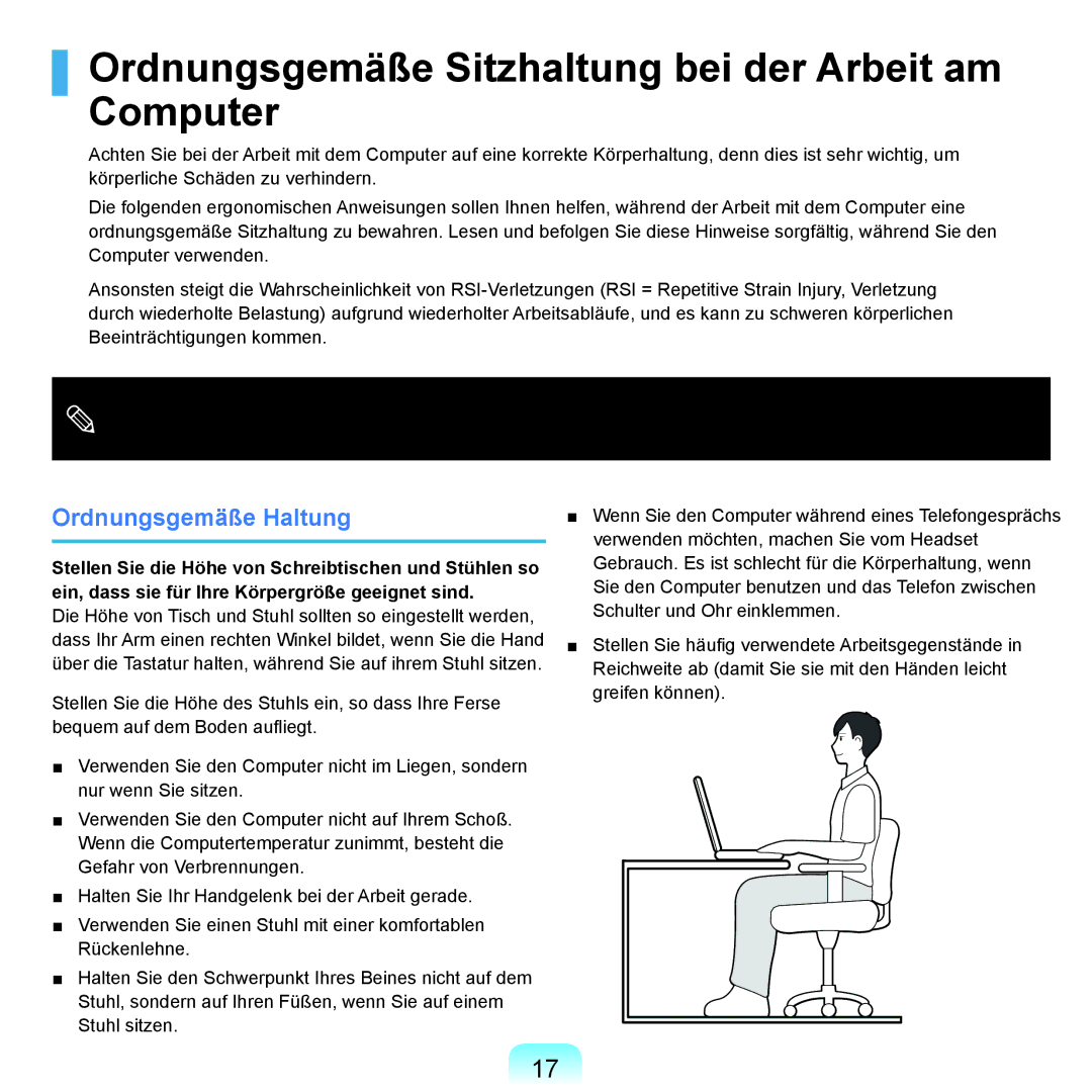 Samsung NP-Q70AV01/SEG, NP-Q70A000/SEG manual Ordnungsgemäße Sitzhaltung bei der Arbeit am Computer, Ordnungsgemäße Haltung 