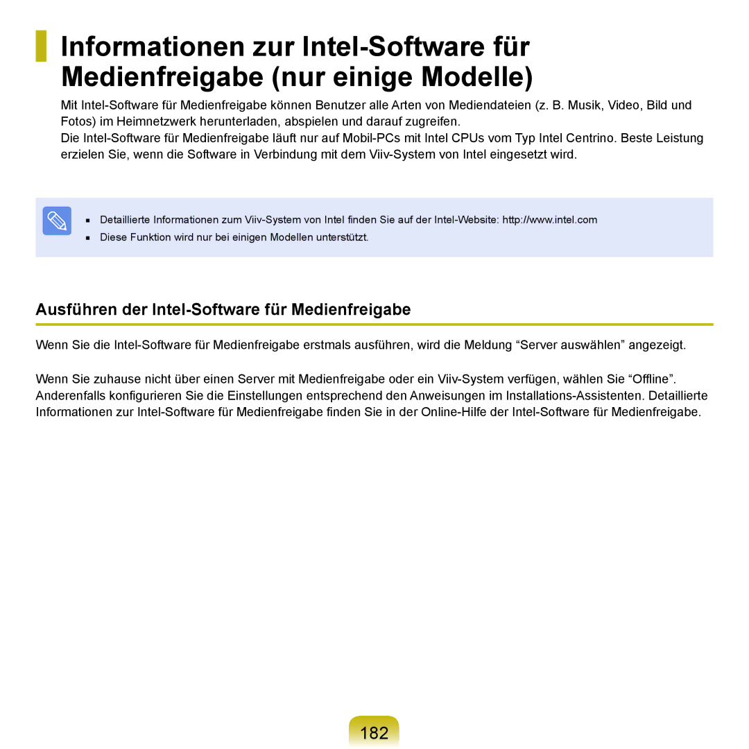 Samsung NP-Q70A001/SEG, NP-Q70A000/SEG, NP-Q70AV05/SEG, NP-Q70AV01/SEG 182, Ausführen der Intel-Software für Medienfreigabe 