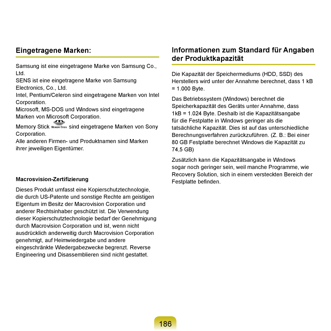 Samsung NP-Q70AV04/SEG manual 186, Eingetragene Marken, Informationen zum Standard für Angaben der Produktkapazität 