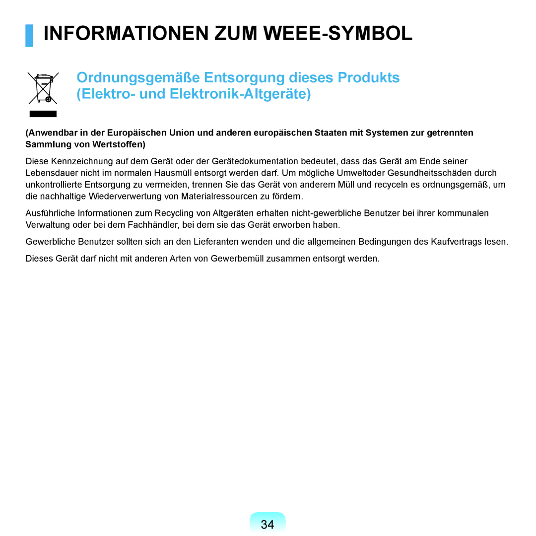 Samsung NP-Q70AV04/SEG, NP-Q70A000/SEG, NP-Q70AV05/SEG, NP-Q70AV01/SEG, NP-Q70AV02/SEG manual Informationen ZUM WEEE-SYMBOL 