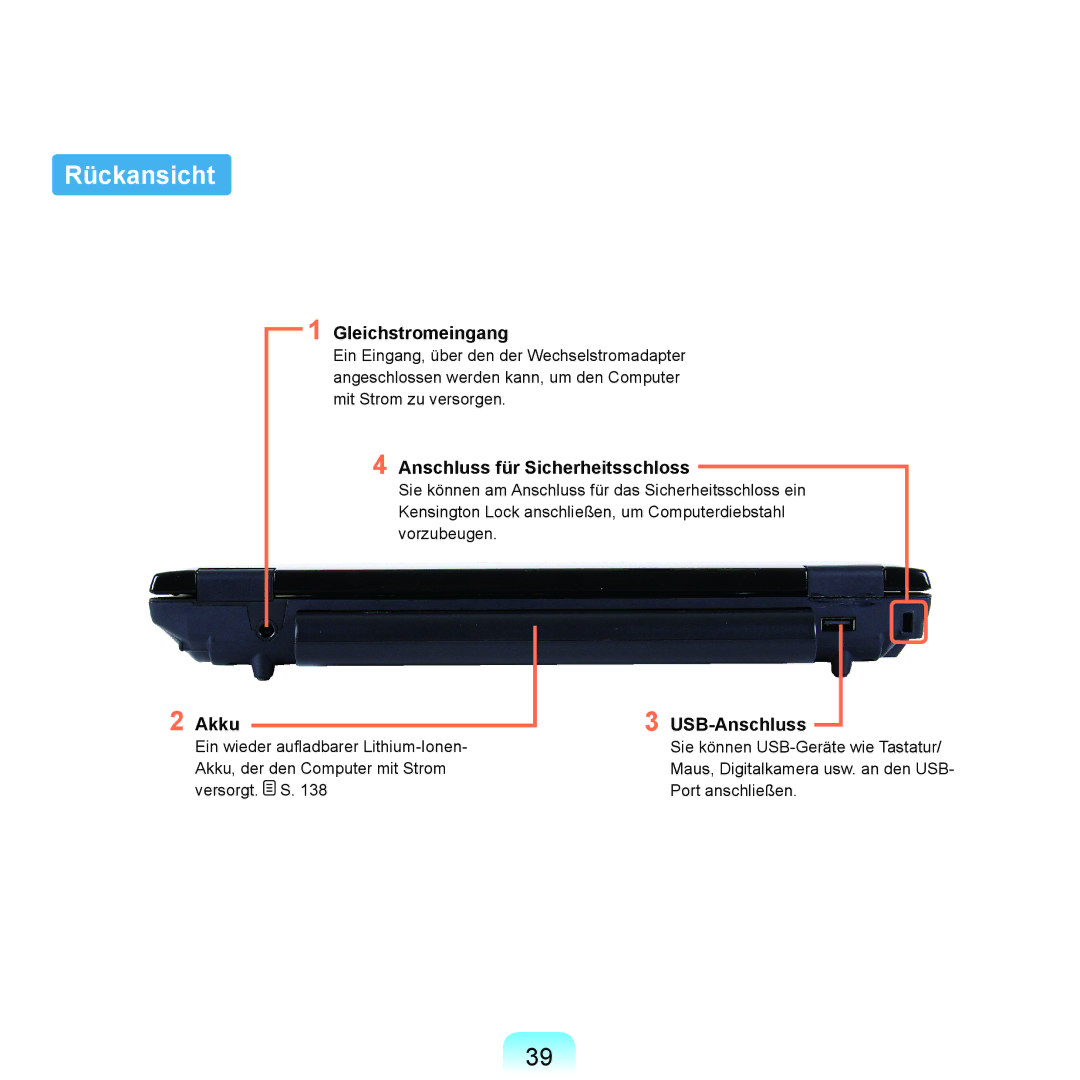 Samsung NP-Q70A000/SEG, NP-Q70AV05/SEG manual Rückansicht, Gleichstromeingang, Anschluss für Sicherheitsschloss, Akku 