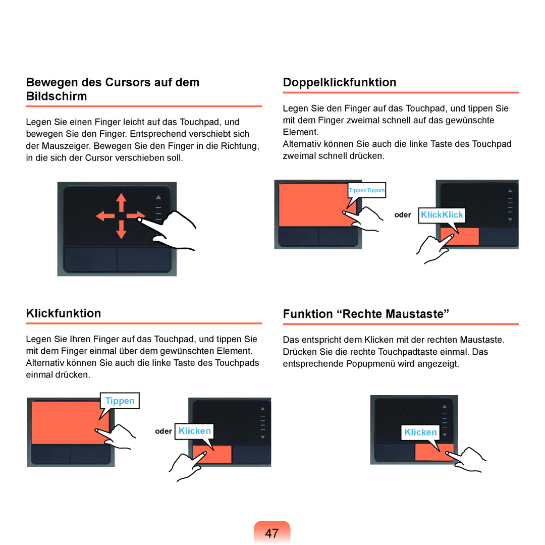 Samsung NP-Q70A000/SEG, NP-Q70AV05/SEG manual Bewegen des Cursors auf dem Bildschirm, Doppelklickfunktion, Klickfunktion 