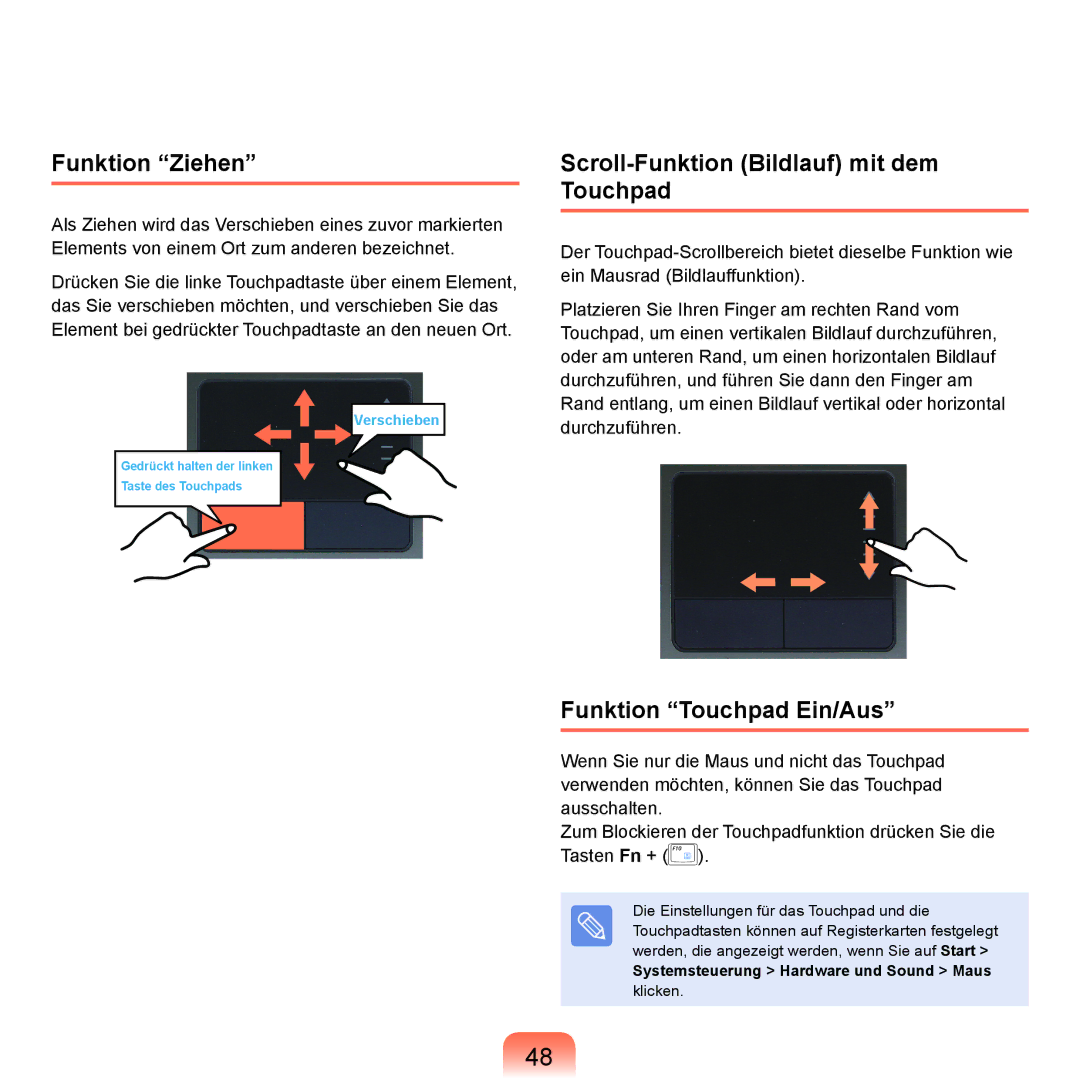 Samsung NP-Q70AV05/SEG manual Funktion Ziehen, Scroll-Funktion Bildlauf mit dem Touchpad, Funktion Touchpad Ein/Aus 