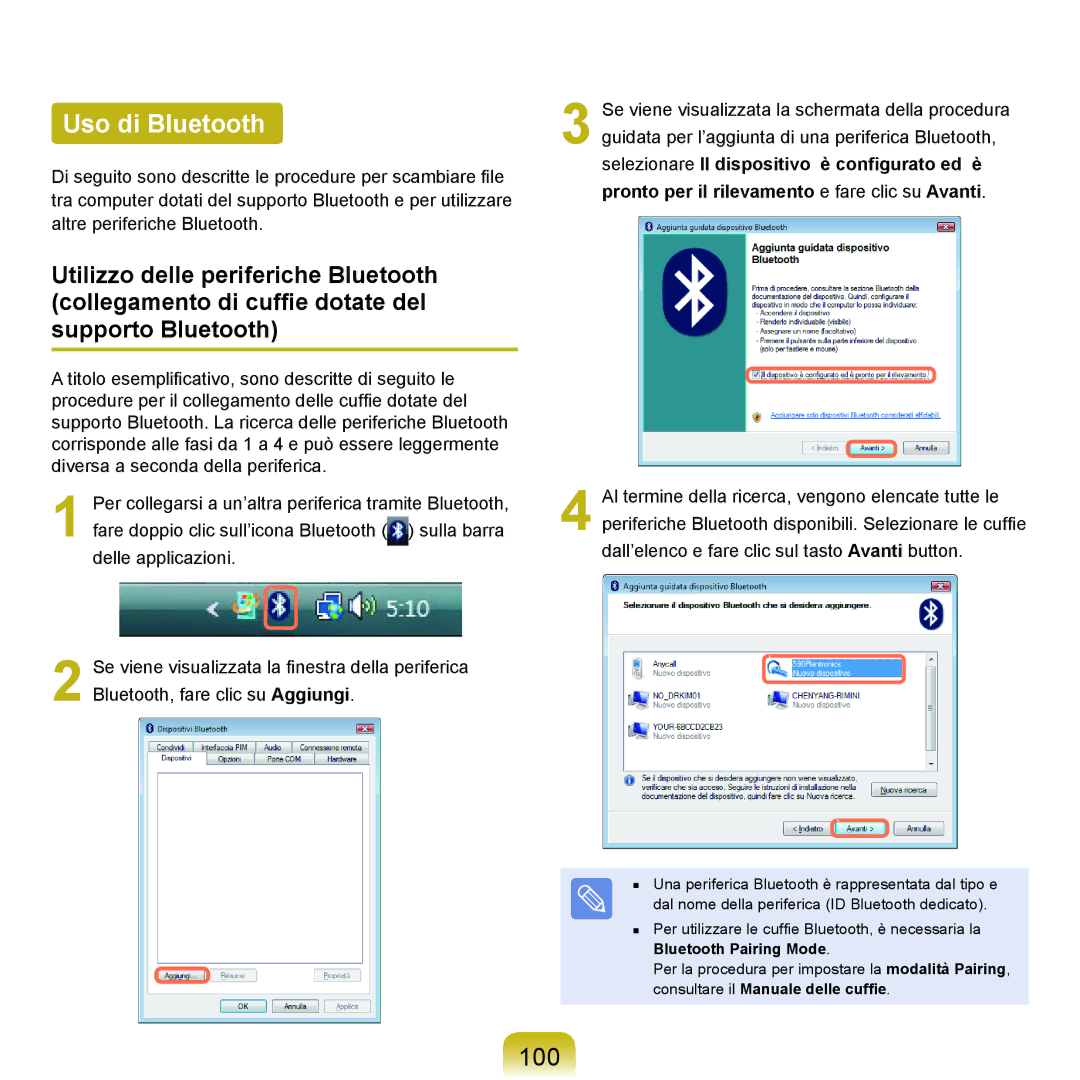 Samsung NP-Q70A000/SEI manual Uso di Bluetooth, 100, Bluetooth Pairing Mode 