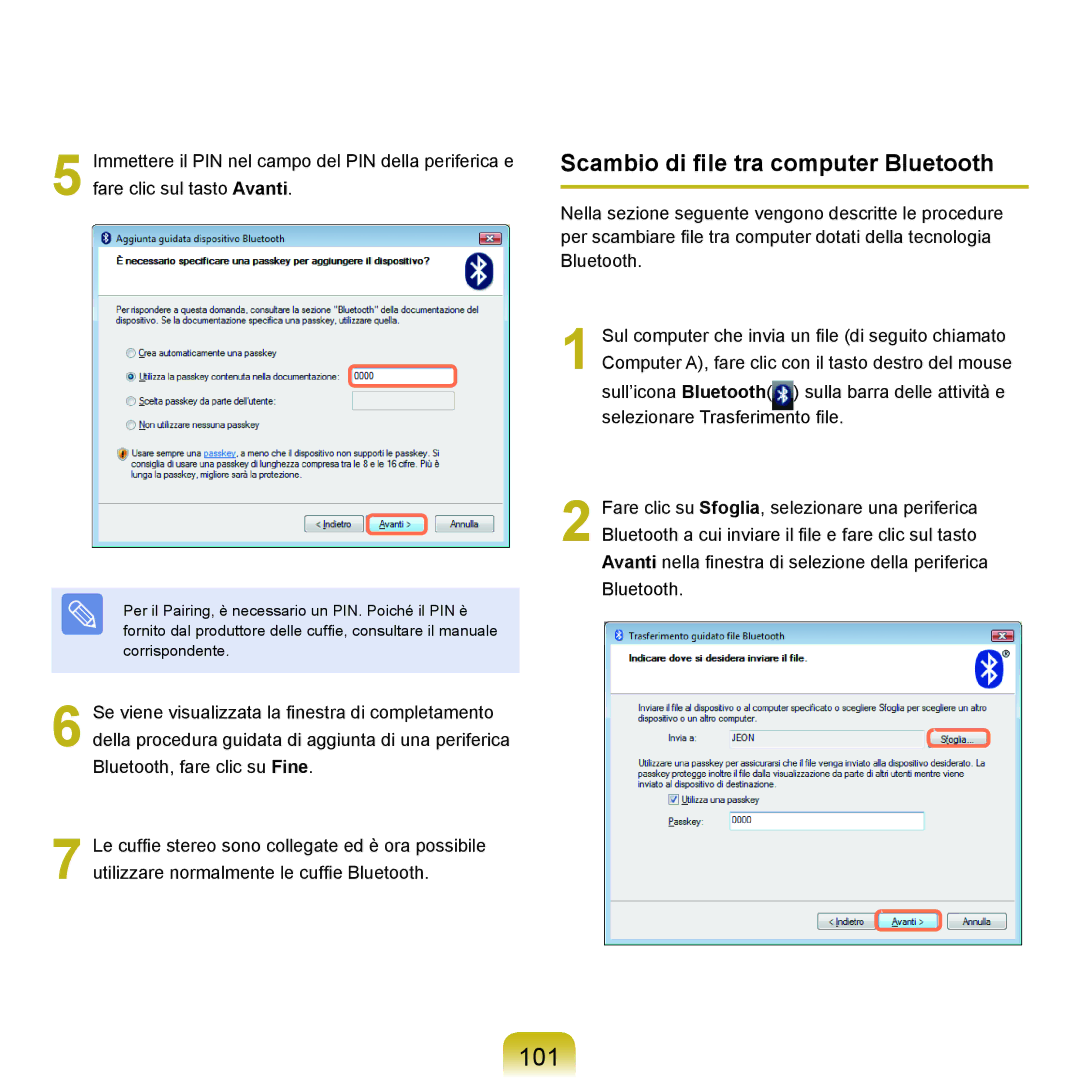 Samsung NP-Q70A000/SEI manual 101, Scambio di file tra computer Bluetooth 