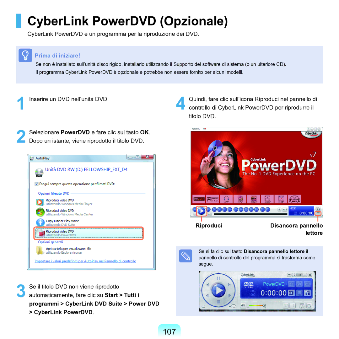 Samsung NP-Q70A000/SEI manual CyberLink PowerDVD Opzionale, 107, Riproduci Disancora pannello Lettore 