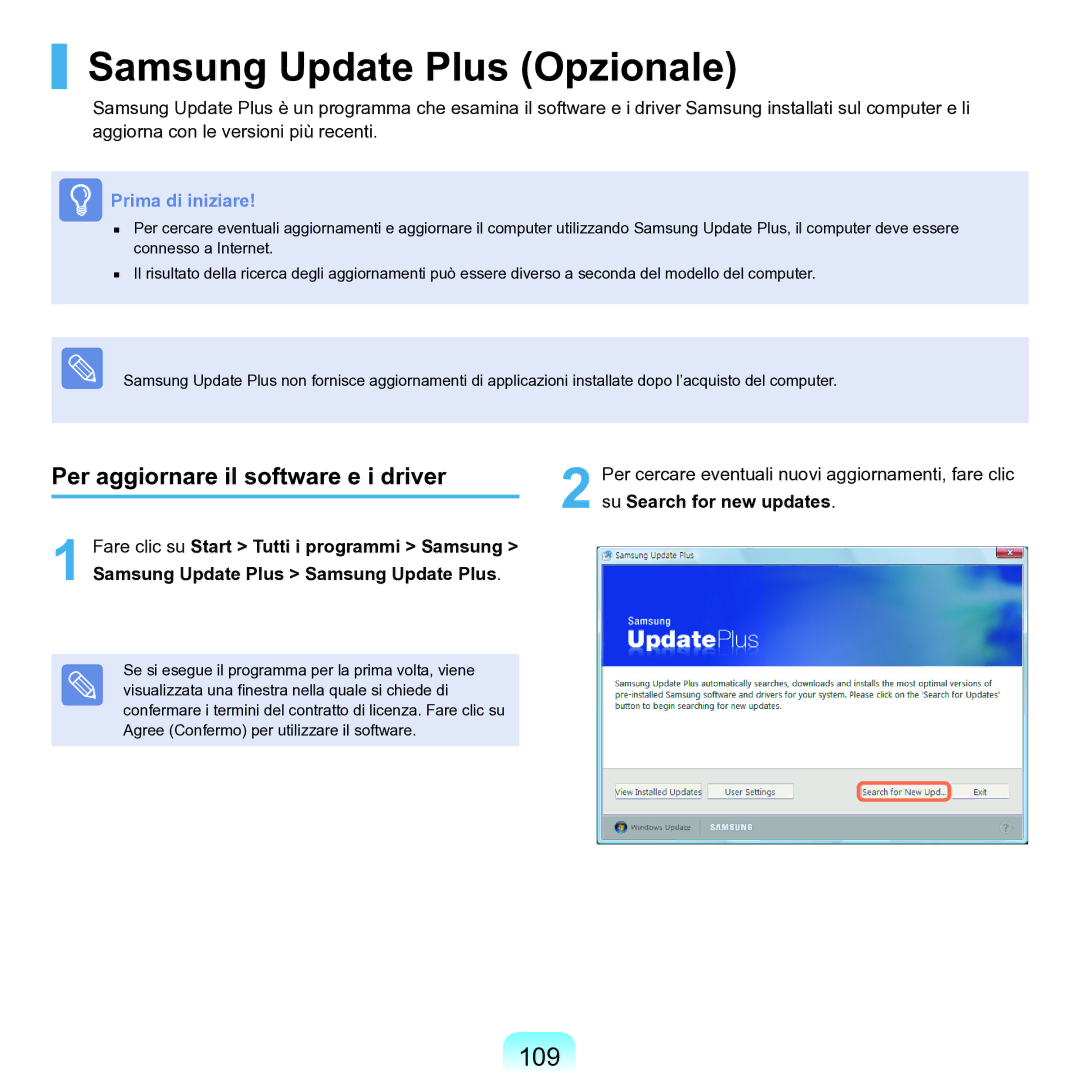 Samsung NP-Q70A000/SEI manual Samsung Update Plus Opzionale, 109, Per aggiornare il software e i driver 