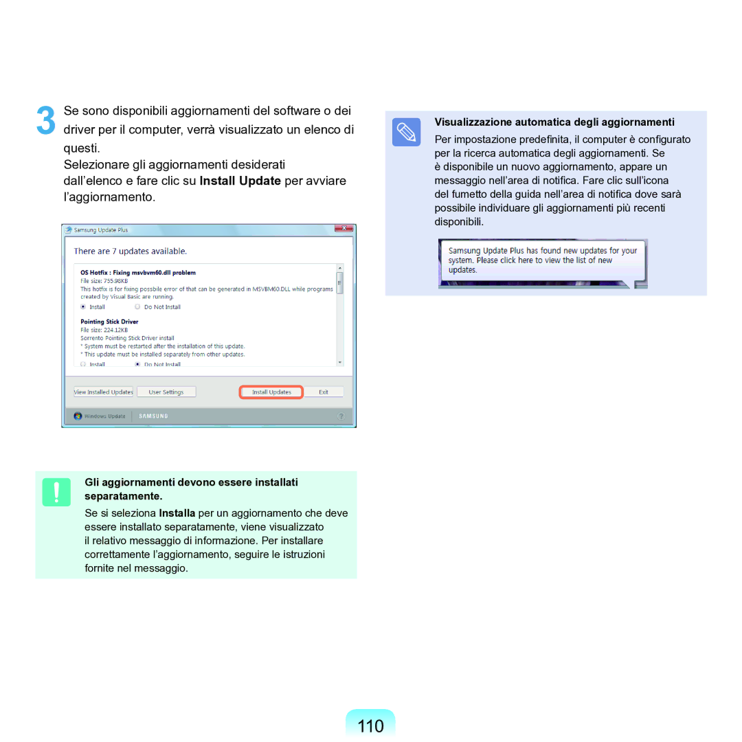 Samsung NP-Q70A000/SEI manual 110, Gli aggiornamenti devono essere installati separatamente 