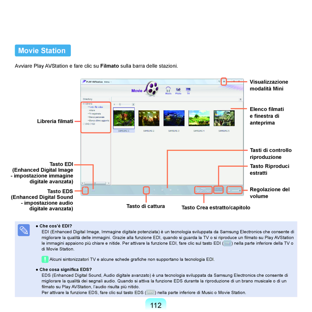 Samsung NP-Q70A000/SEI manual Movie Station, 112, Che cos’è EDI?, Che cosa significa EDS? 